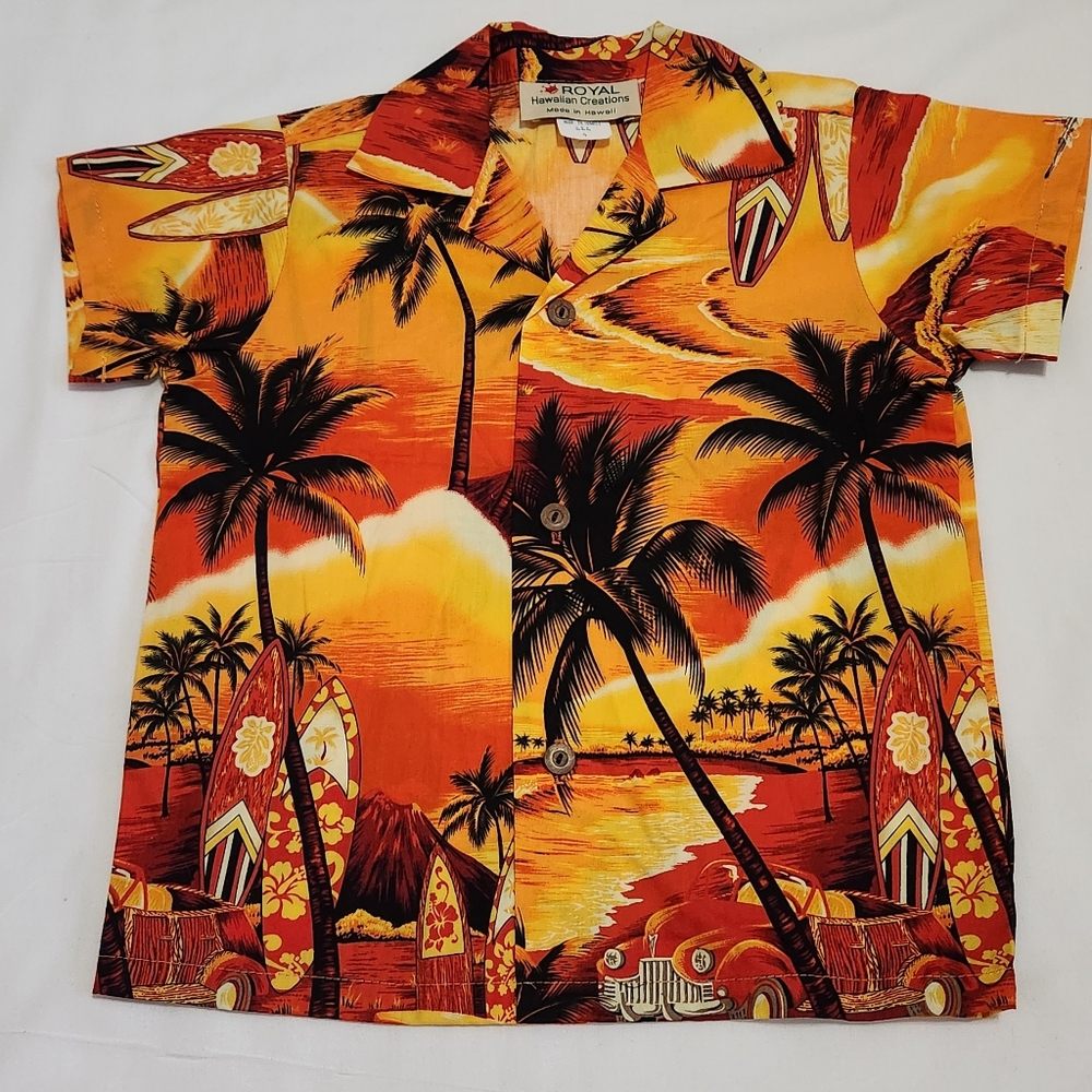 Royal Hawaiian Creations Boys Aloha Button Up  Shirt Orange Yellow Surf Beach 4T